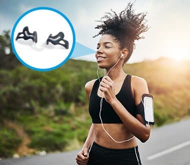 Woman running outdoors with an inset of the Hale nasal dilator