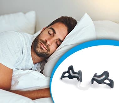 Man asleep on a white pillow with an inset of the Hale dilator