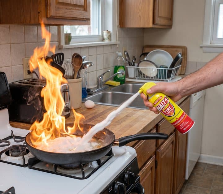 Hand spraying HALT foam at a burning frying pan on a kitchen stove