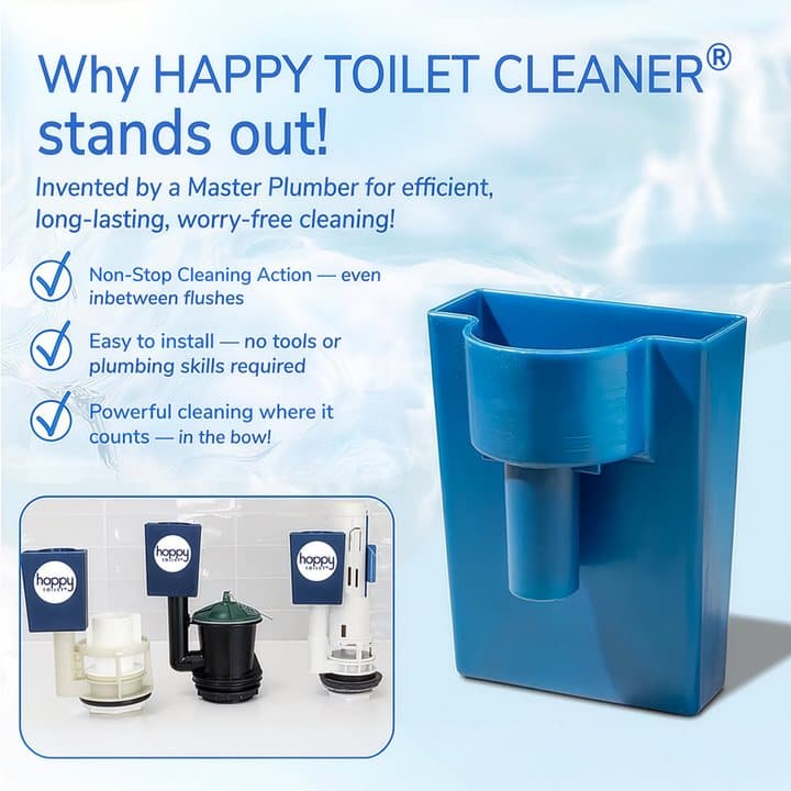Happy Toilet Cleaner marketing graphic listing non-stop cleaning, easy install and powerful cleaning claims