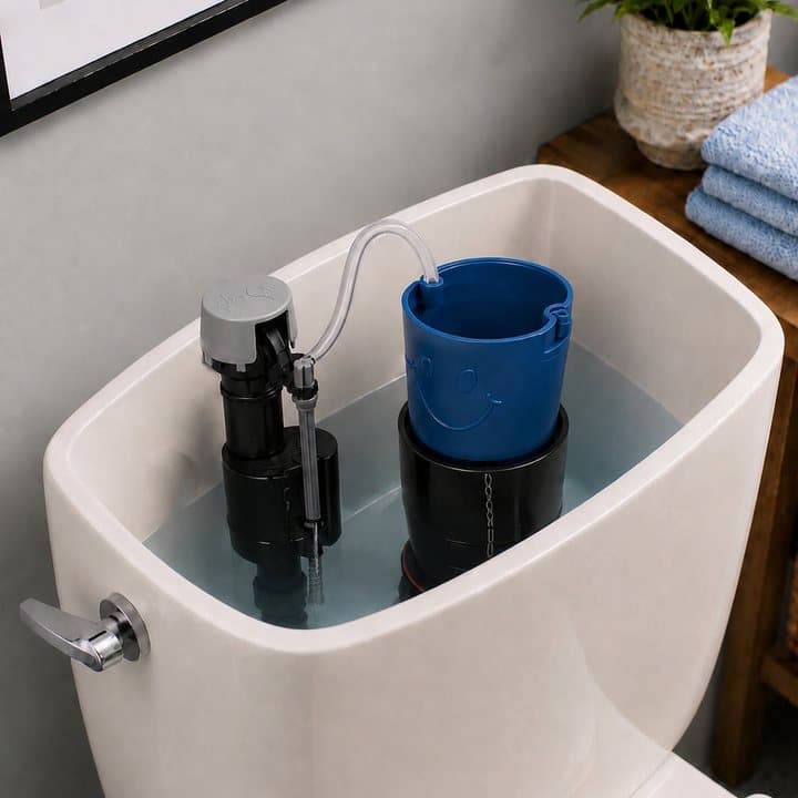 Happy Toilet Deuce version fitted in a toilet tank with a round canister-style flush valve