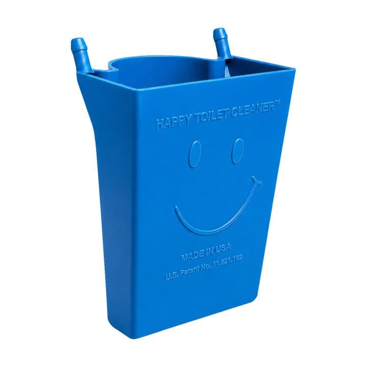 Front view of the blue Happy Toilet Cleaner plastic tablet holder with a moulded smiley face