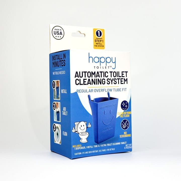 Happy Toilet automatic toilet cleaning system retail box showing the blue holder and made in USA badge