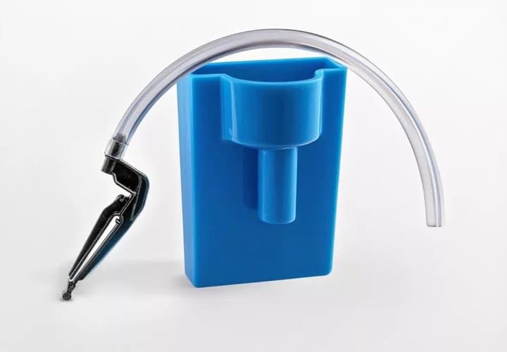 Happy Toilet Cleaner holder with its clear fill hose and black securing clip attached