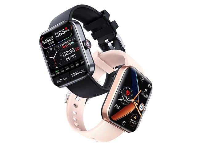 Black and rose gold HealthWatch Pro watches on silicone straps, one with an activity face and one with an analogue-style face