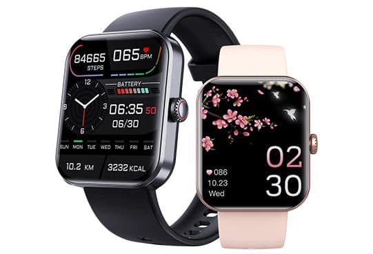 Two HealthWatch Pro square smartwatches, black with an activity watch face and rose gold with a pink strap and flower face