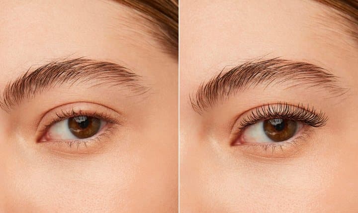 Close-up before and after photos of an eye with straight lashes and then curled lashes