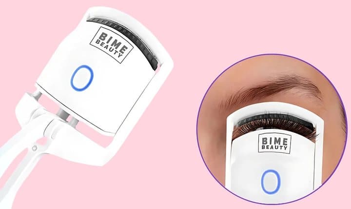 Close-up of the Bime Beauty curler head with its heated bar and a circle showing lashes being curled