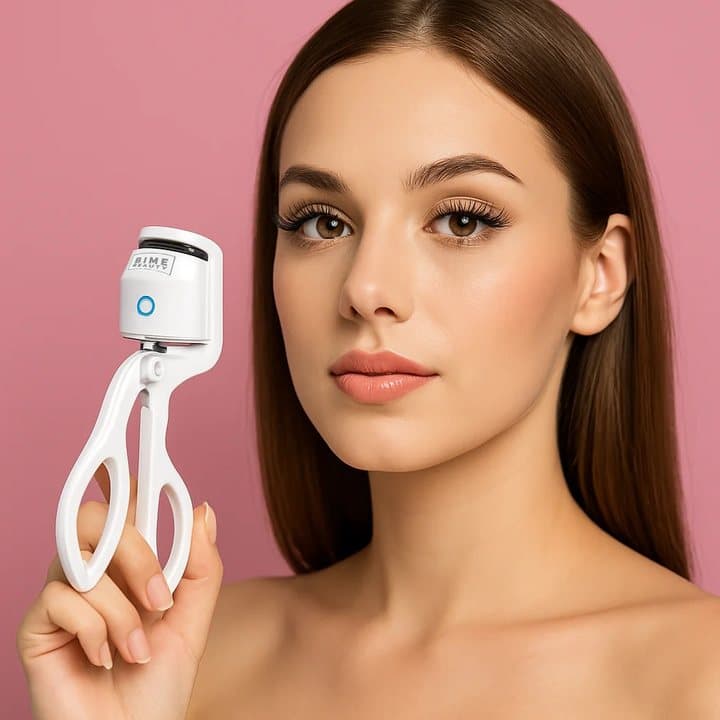Woman holding the white Bime Beauty heated eyelash curler beside her face against a pink background