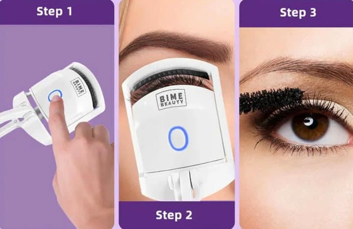 Three-step Bime Beauty graphic showing pressing the button, curling the lashes and adding mascara