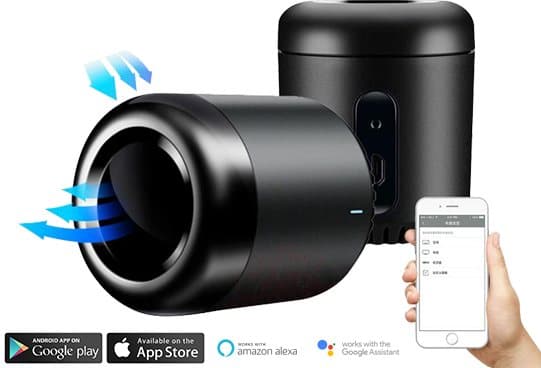 Two black HomeNETIX infrared hubs, one with blue arrows showing the infrared signal, next to a hand holding a phone app