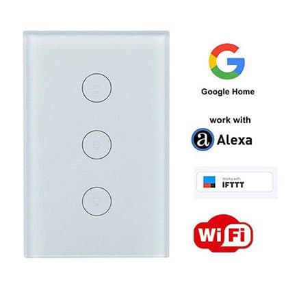 Three-button glass wall light switch beside Google Home, Alexa, IFTTT and Wi-Fi logos, shown as the HomePolice24 Alexa and Google Home add-on