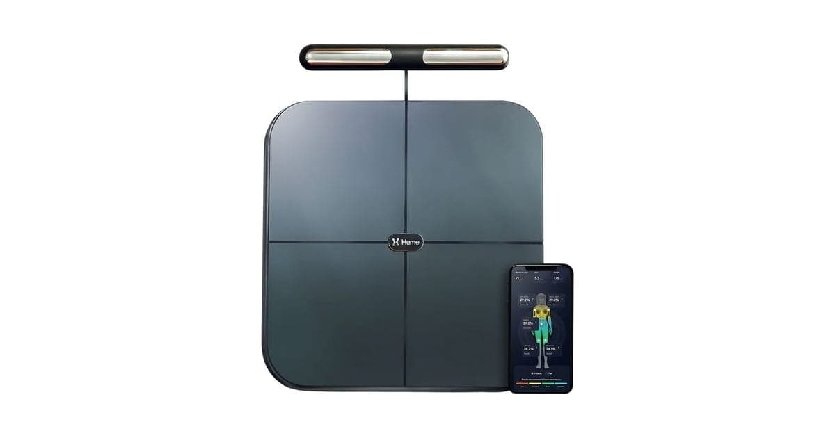 Hume Body Pod dark glass smart scale with its pull-up handle bar and a phone showing the Hume Health app