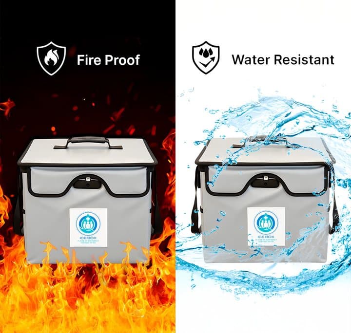 ICE Box marketing graphic showing the case in flames labelled fire proof and in splashing water labelled water resistant