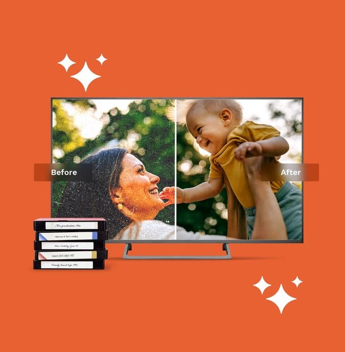 iMemories graphic of a TV showing a family photo split into before and after AI enhancement