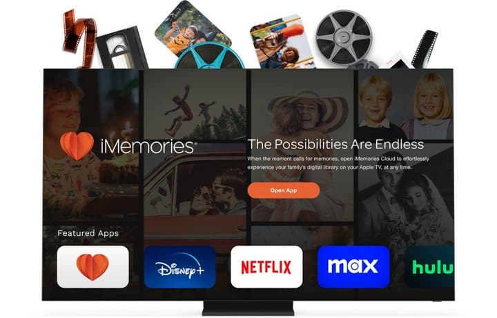 The iMemories app home screen on a television alongside streaming app icons