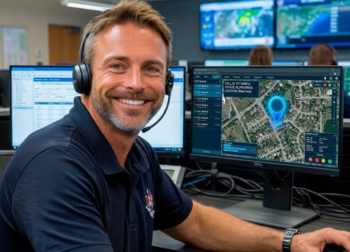 Monitoring agent wearing a headset in front of screens showing a map location