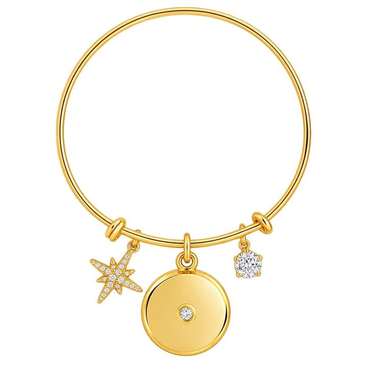 Gold invisaWear bangle bracelet with a round safety charm and two decorative charms