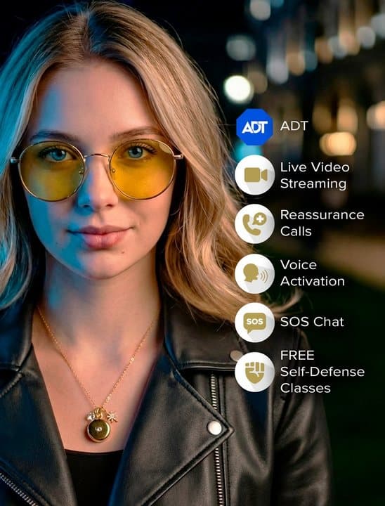invisaWear graphic listing ADT live video streaming, reassurance calls, voice activation, SOS chat and self-defense classes
