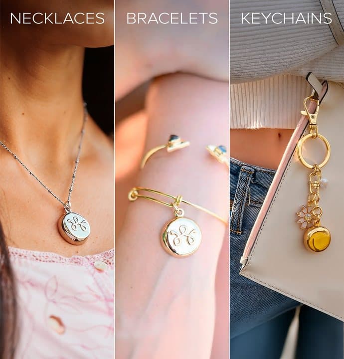 Three panels showing an invisaWear necklace, bracelet and keychain being worn