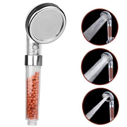 IOnic Spa handheld shower head beside three circular images of different spray patterns, shown as the 3 Massage Comfort Modes add-on