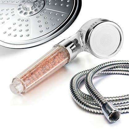 Clear bead-filled shower head with a coiled stainless steel shower hose, offered as the IOnic Spa Shower Installation Cord add-on