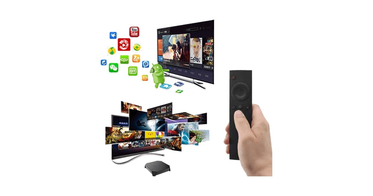 Small black AndroidTV box with a remote held in a hand, in front of TVs showing films and a cloud of app icons and the Android mascot
