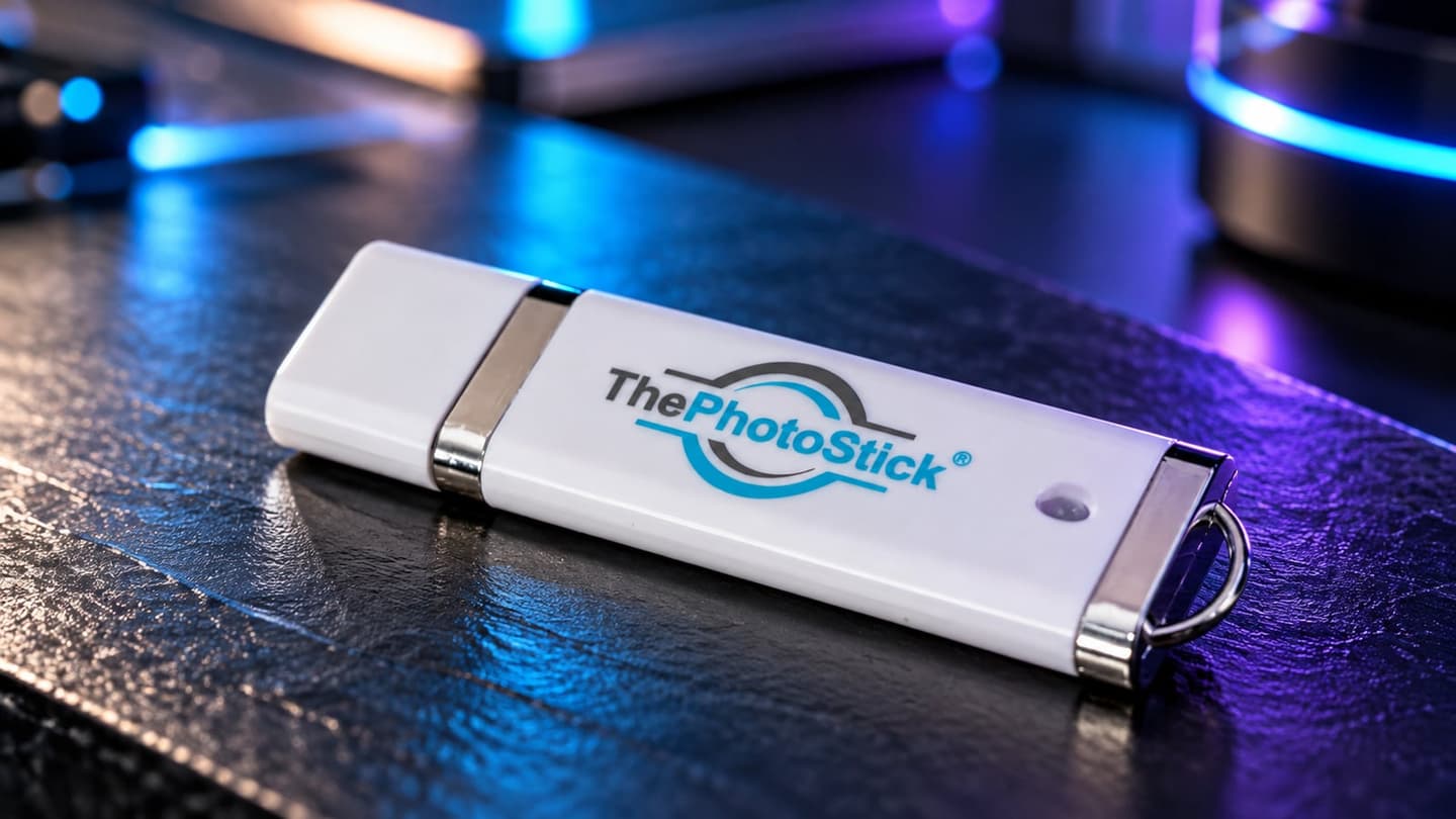 A white ThePhotoStick USB flash drive with blue and grey ThePhotoStick logo, lying on a dark desk under blue lighting