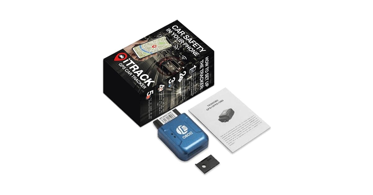 iTrack GPS car tracker box beside a blue OBD-II plug-in tracker and an instruction leaflet