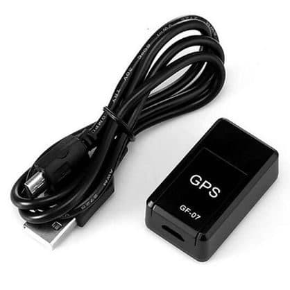 Black iTrackYou Pro tracker marked GPS GF-07 with a coiled black USB charging cable