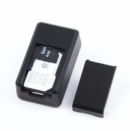 iTrackYou Pro with its back cover removed, showing a SIM card and a 4 GB memory card in their slots