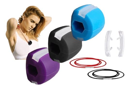 Three JawMaster silicone exercisers in purple, black and blue with hexagonal holes, clear spare pads, two neck cords and a woman wearing one as a pendant