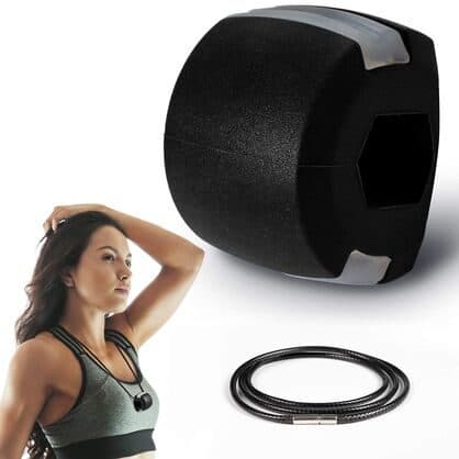 Black JawMaster exerciser close up with a black cord necklace, and a woman wearing one on a cord around her neck