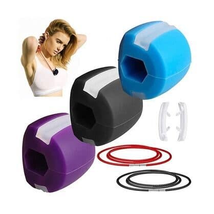 Purple, black and blue JawMaster exercisers shown as the three strengths pack, with clear pads and red and black cords