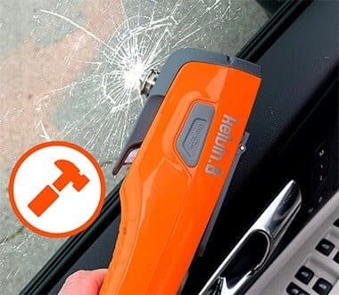 Kelvin 8 held against a shattered car side window with a hammer icon