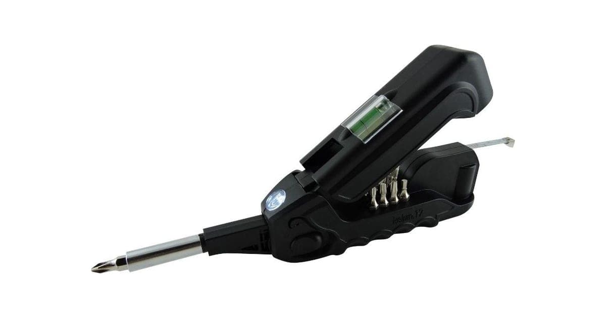Black Kelvin 17 multi-tool with its screwdriver flipped out, LED light, liquid level and stored bits