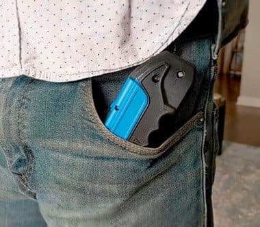 Blue Kelvin 17 multi-tool sticking out of a jeans pocket