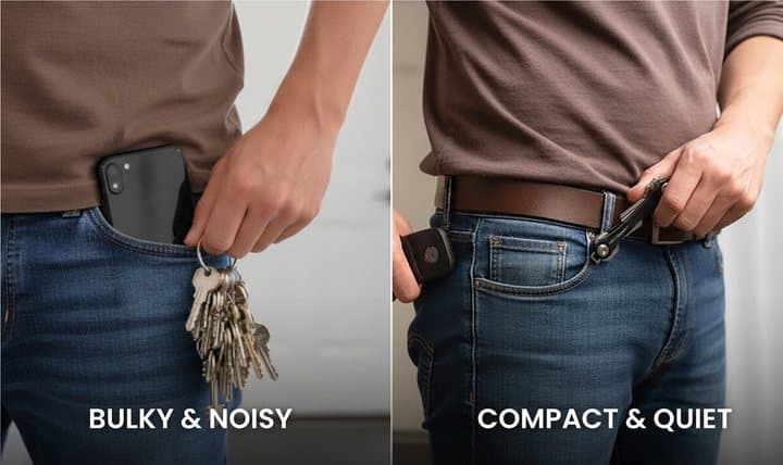 Two photos comparing a bulky noisy bunch of keys in a pocket with a compact KeySmart