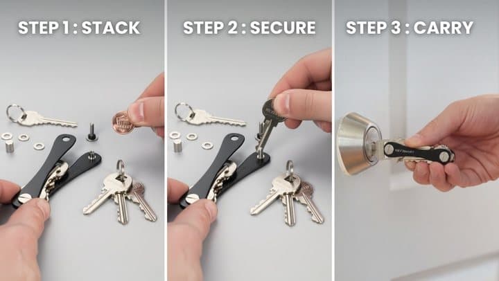 Three KeySmart setup photos showing keys being stacked, the posts tightened and the organizer used on a door