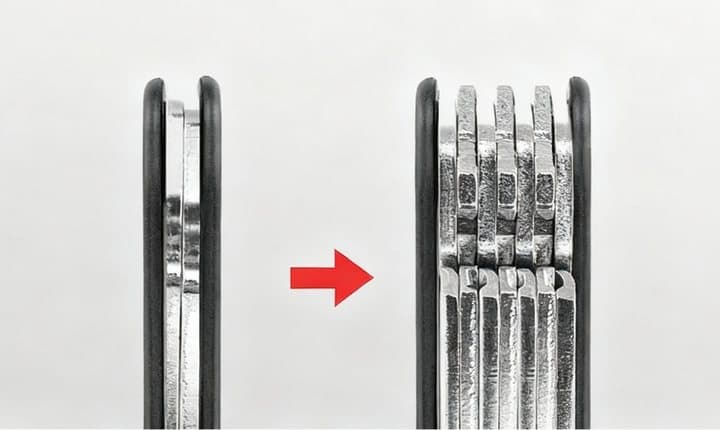 Side view of an empty KeySmart frame next to the same frame filled with a stack of keys