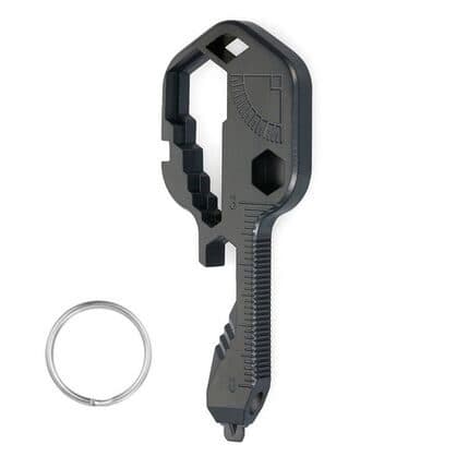 Black KeyX24 multitool with the same wrench notches and hex hole, next to a split keyring