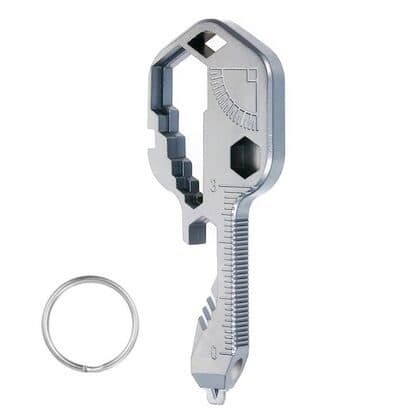 Silver stainless KeyX24 multitool with stepped wrench notches, a hex hole and a split keyring beside it