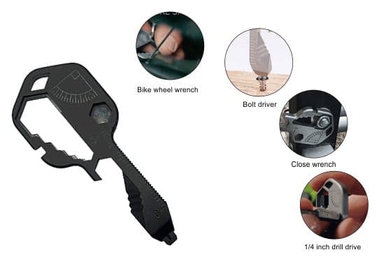 Black KeyX24 multitool shaped like a key, with photos labelled bike wheel wrench, bolt driver, close wrench and 1/4 inch drill drive