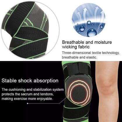 Green and grey knitted knee sleeve with a round cushioned ring around the kneecap, under the heading Stable shock absorption
