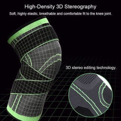 Grey knitted knee sleeve with green bands and a green strap, headed High-Density 3D Stereography, with a close-up of the knit