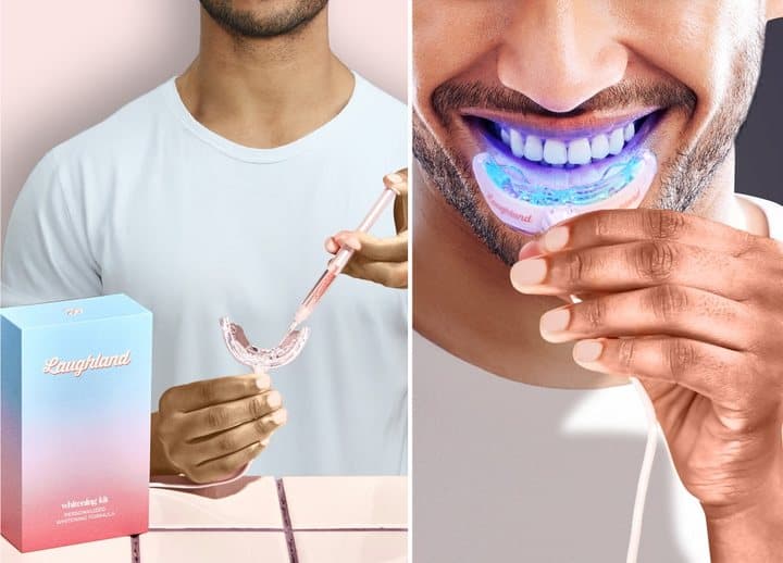 Man applying Laughland gel to the mouthpiece and wearing it with the blue light on