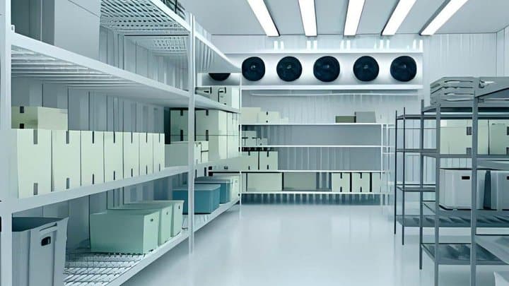 Refrigerated storage room with shelves of boxes, used to illustrate Laughland's temperature-controlled storage