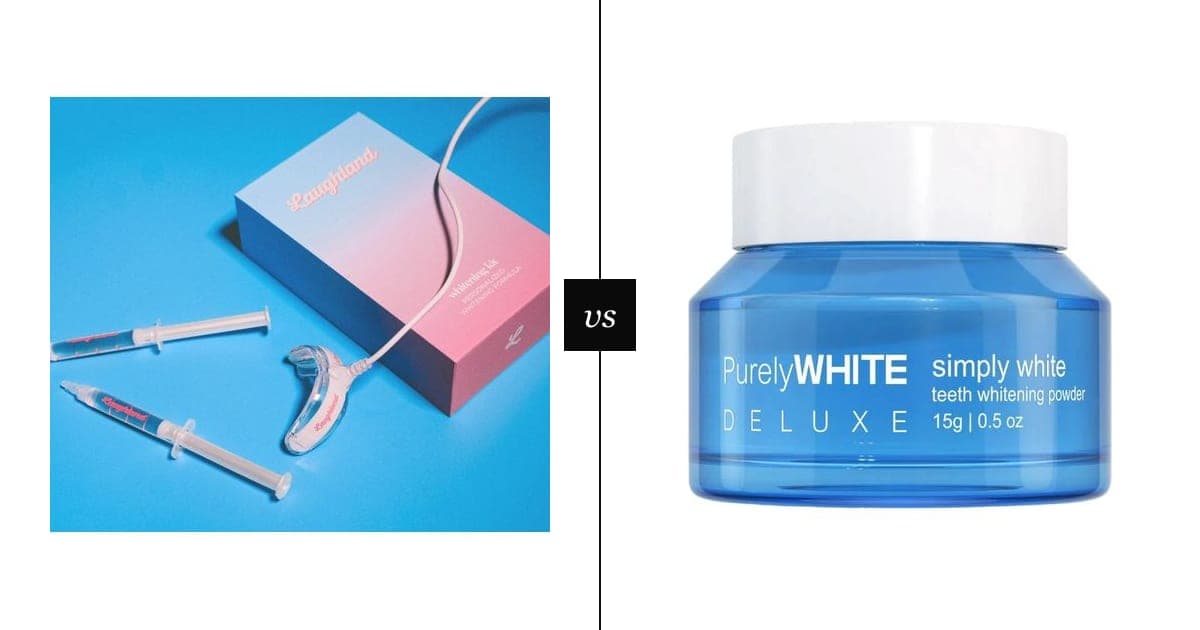 A Laughland teeth whitening kit with its LED mouthpiece and gel syringes on the left and a blue PurelyWHITE Deluxe powder jar on the right, split by a vs marker