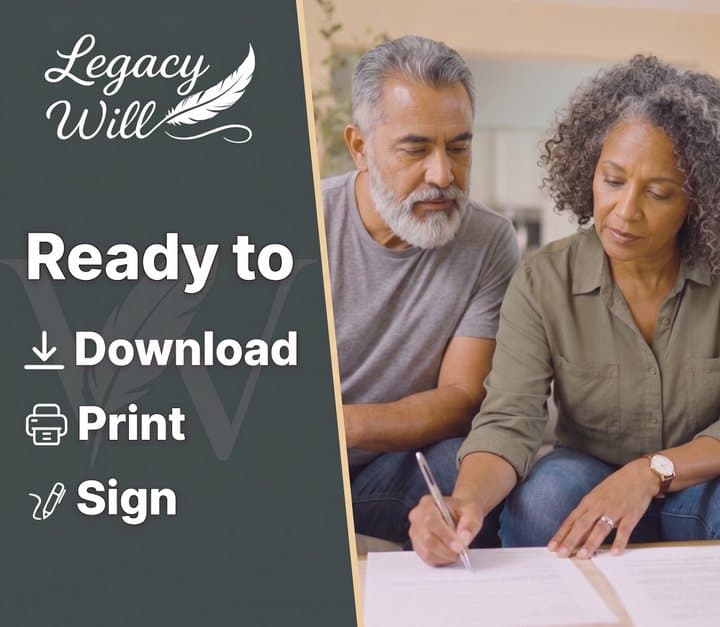 Legacy Will graphic reading ready to download, print and sign, next to an older couple signing papers
