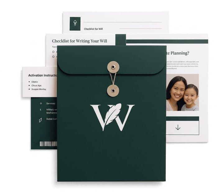 Dark green Legacy Will envelope with printed checklists and planning sheets